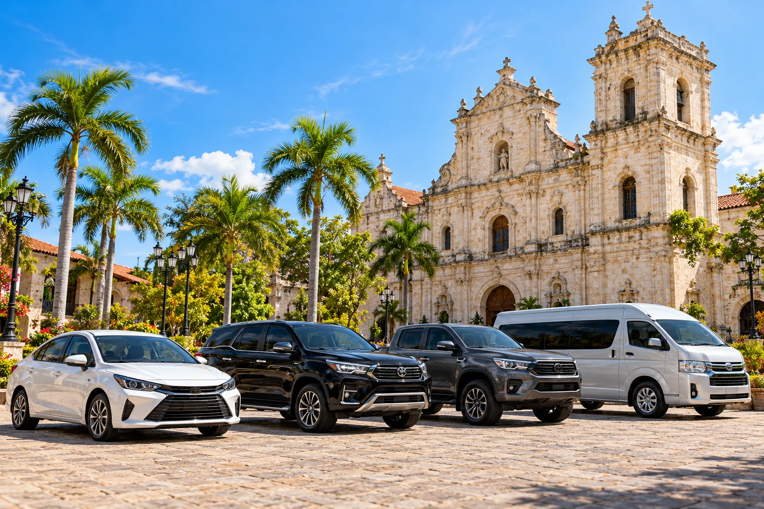 Rental cars in front of a heritage church and palm trees in Cebu